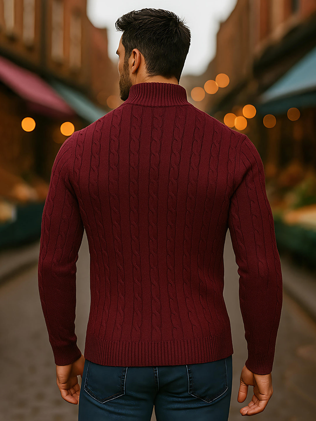 TYSORT Men's Cotton Full Sleeve High Neck Half Zipper Sweater for Men, Cable Knitted Cardigan for Men