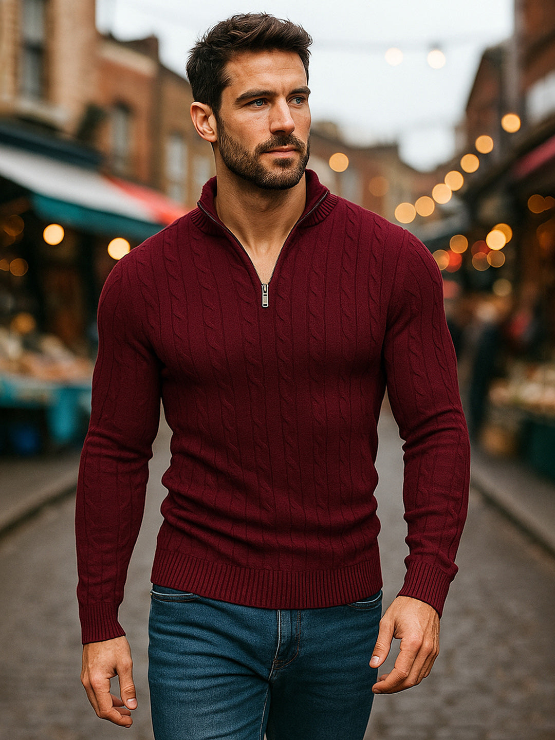 TYSORT Men's Cotton Full Sleeve High Neck Half Zipper Sweater for Men, Cable Knitted Cardigan for Men