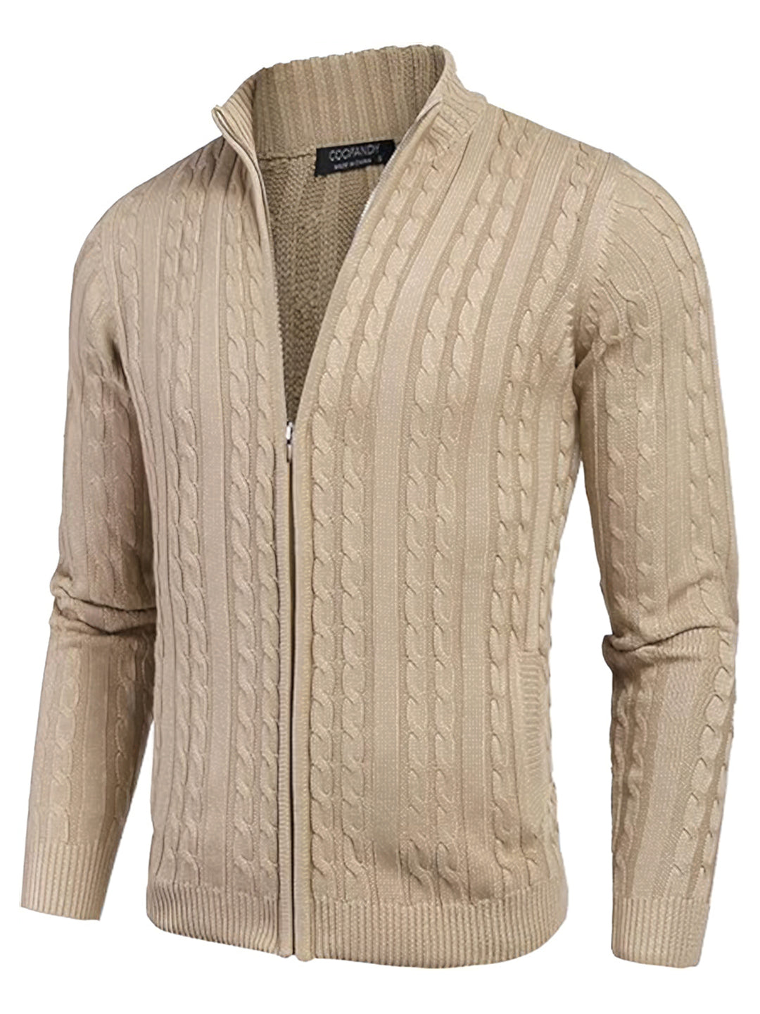 TYSORT Men's Cotton Full Sleeve High Neck Full Zipper Sweater for Men, Cable Knitted Cardigan for Men