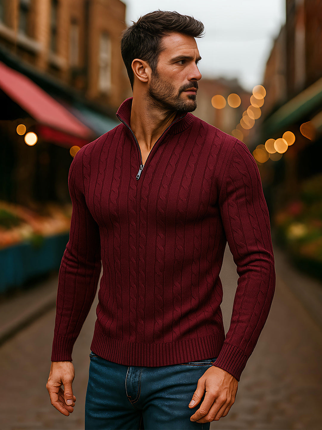 TYSORT Men's Cotton Full Sleeve High Neck Half Zipper Sweater for Men, Cable Knitted Cardigan for Men