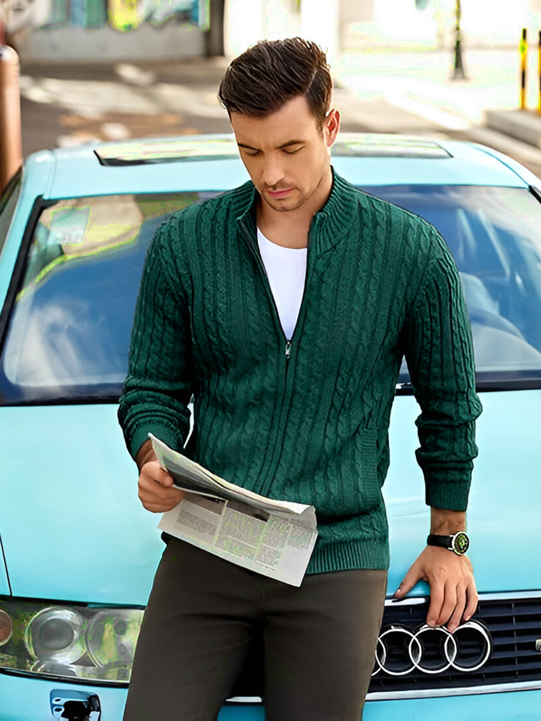 TYSORT Men's Cotton Full Sleeve High Neck Full Zipper Sweater for Men, Cable Knitted Cardigan for Men