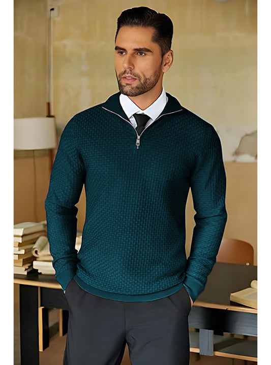 TYSORT Men High Neck Zipper Full Sleeve Waffle Knitted Winter Sweater,Waffle Knit Sweater for Men, Black