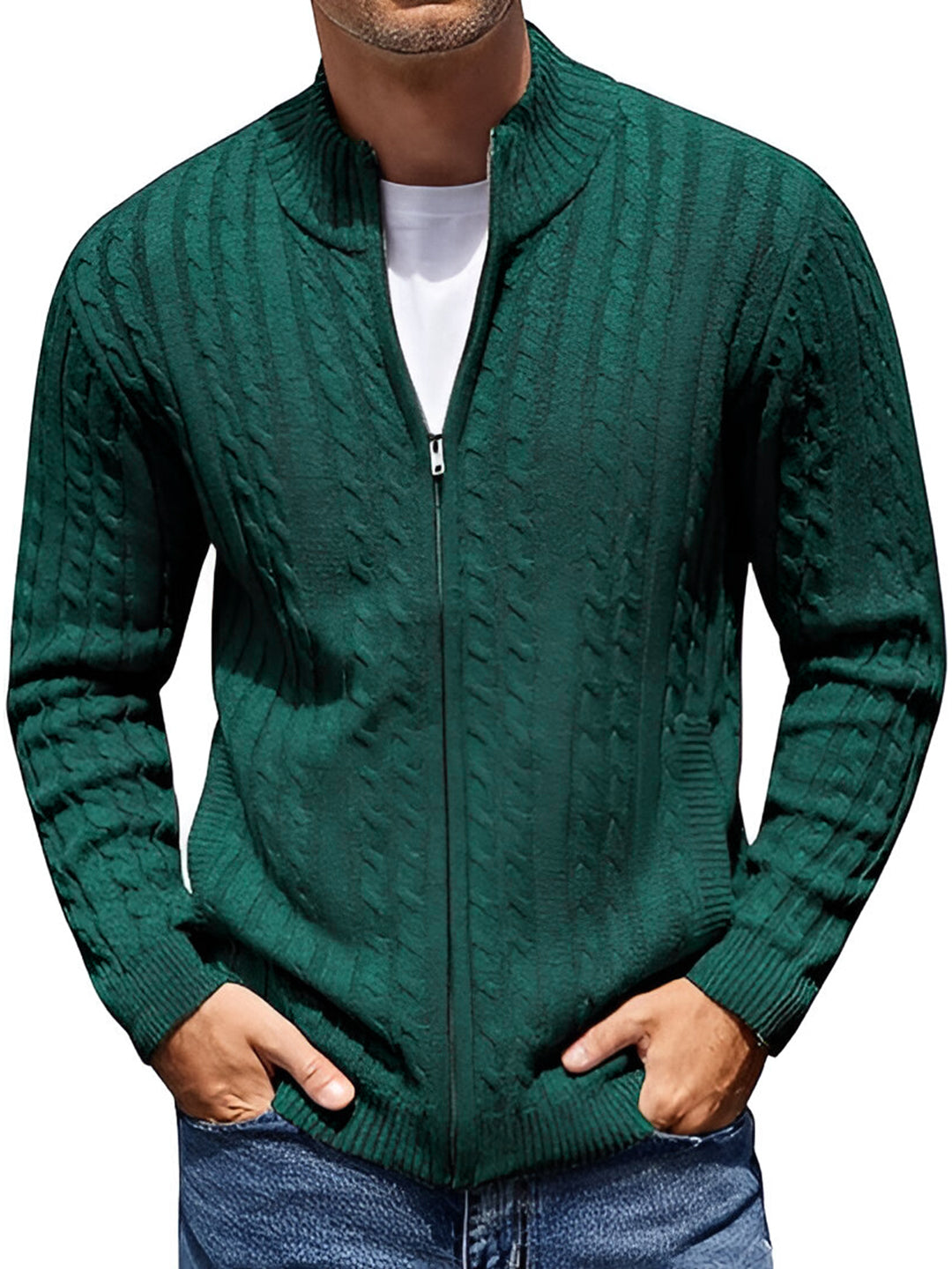 TYSORT Men's Cotton Full Sleeve High Neck Full Zipper Sweater for Men, Cable Knitted Cardigan for Men