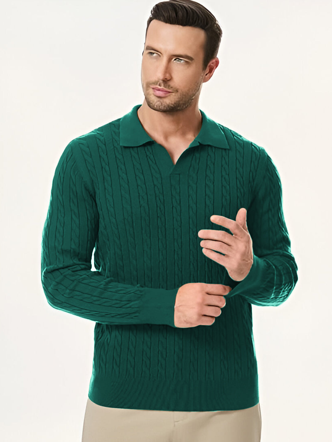 TYSORT Men's Cotton Full Sleeve Collar Polo Sweater for Men, Cable Knitted Sweaters for Men