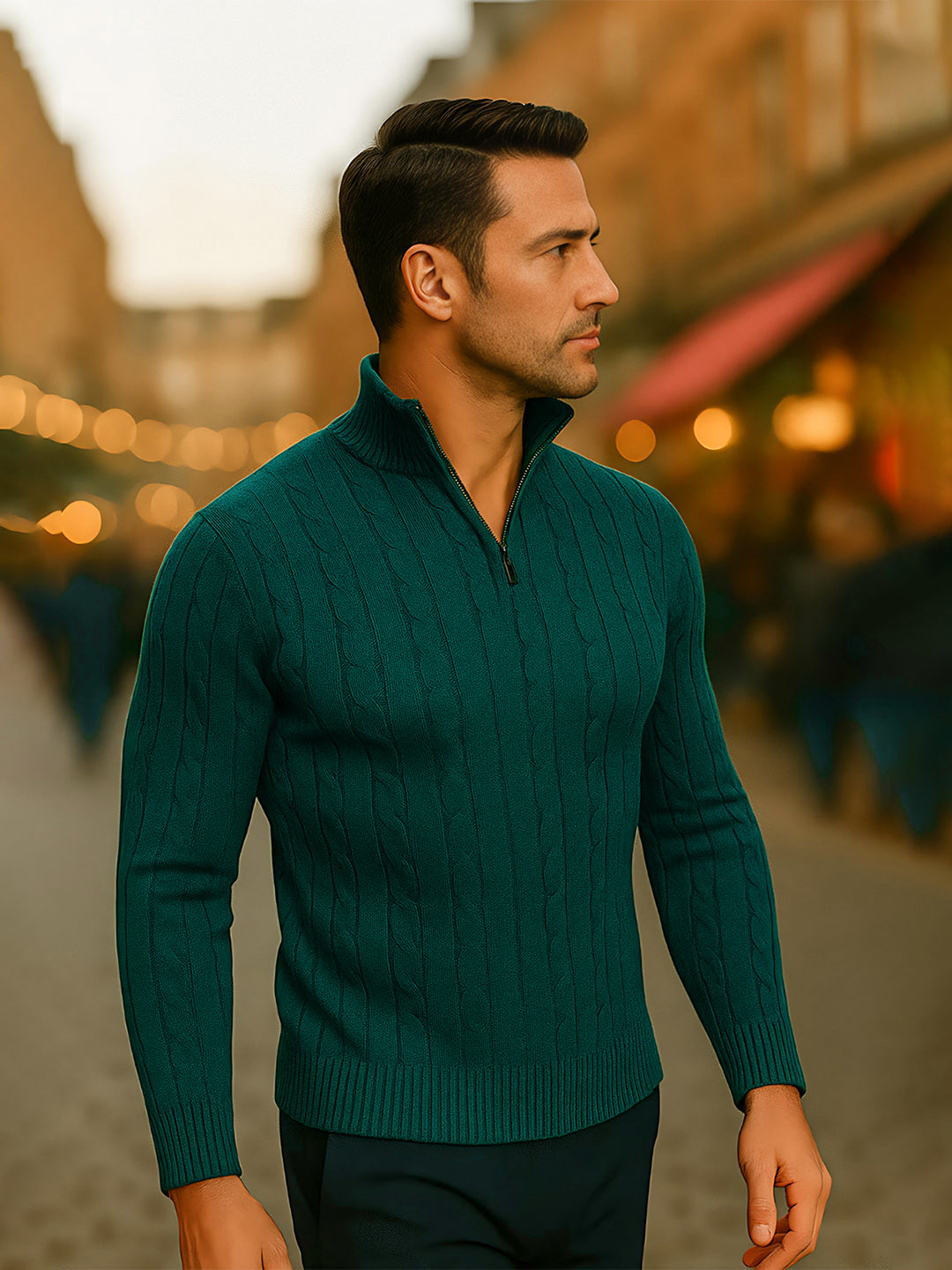 TYSORT Men's Cotton Full Sleeve High Neck Half Zipper Sweater for Men, Cable Knitted Cardigan for Men