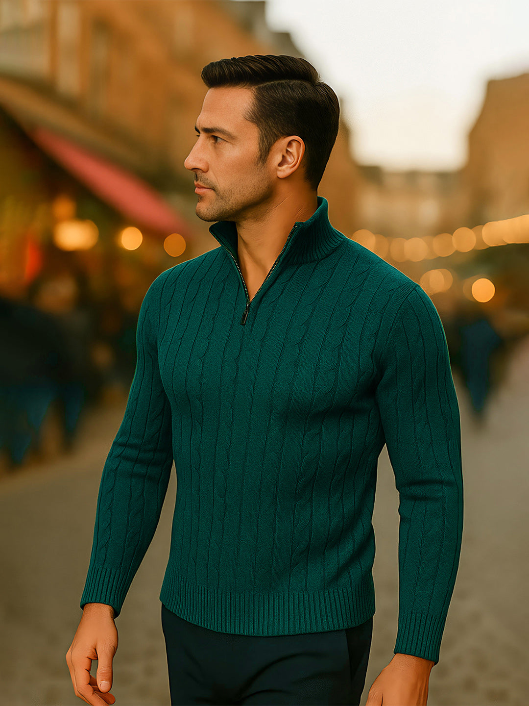 TYSORT Men's Cotton Full Sleeve High Neck Half Zipper Sweater for Men, Cable Knitted Cardigan for Men