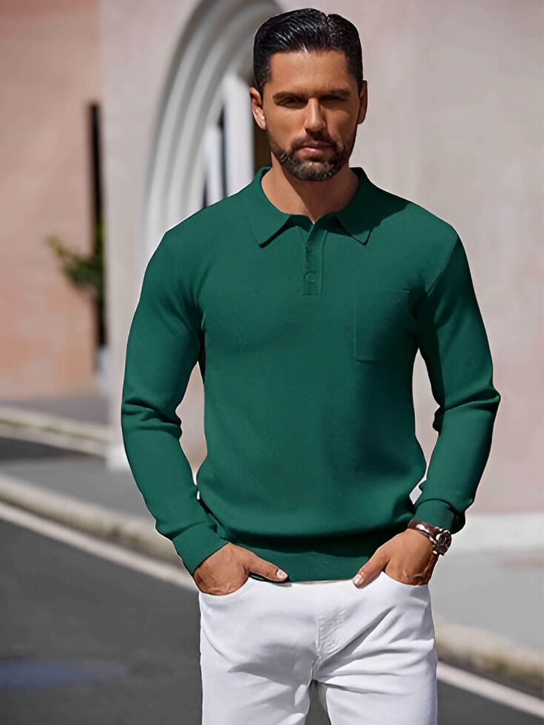 TYSORT Mens Long Sleeve Polo Sweater Knit Polo Casual Heavyweight Thermal Pullover Sweater with Pocket