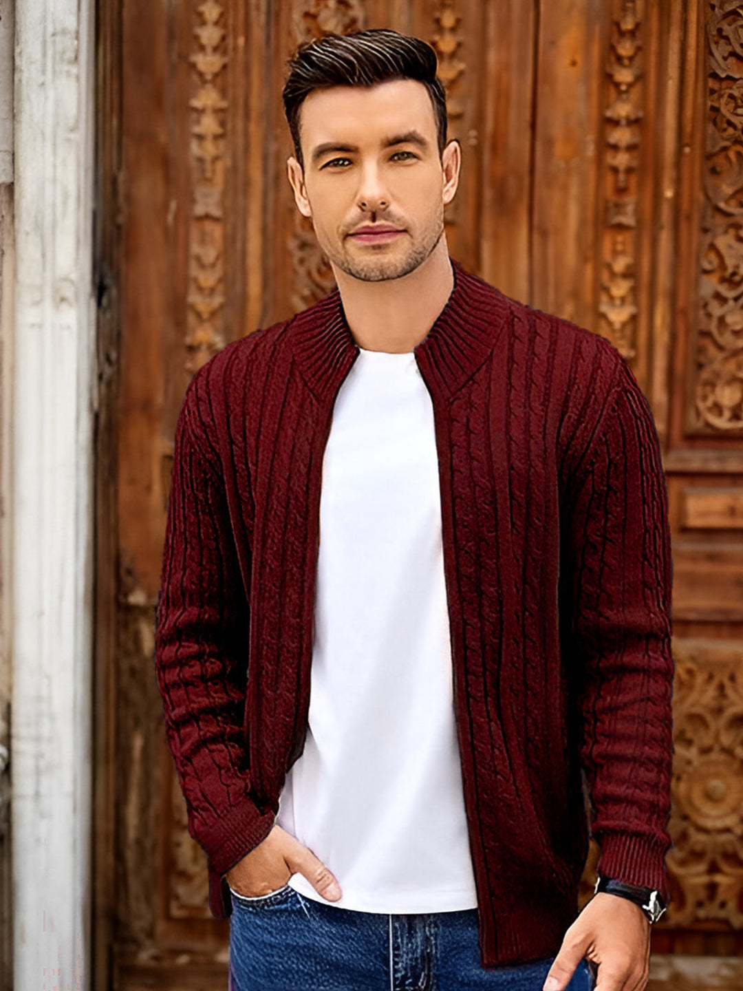 TYSORT Men's Cotton Full Sleeve High Neck Full Zipper Sweater for Men, Cable Knitted Cardigan for Men