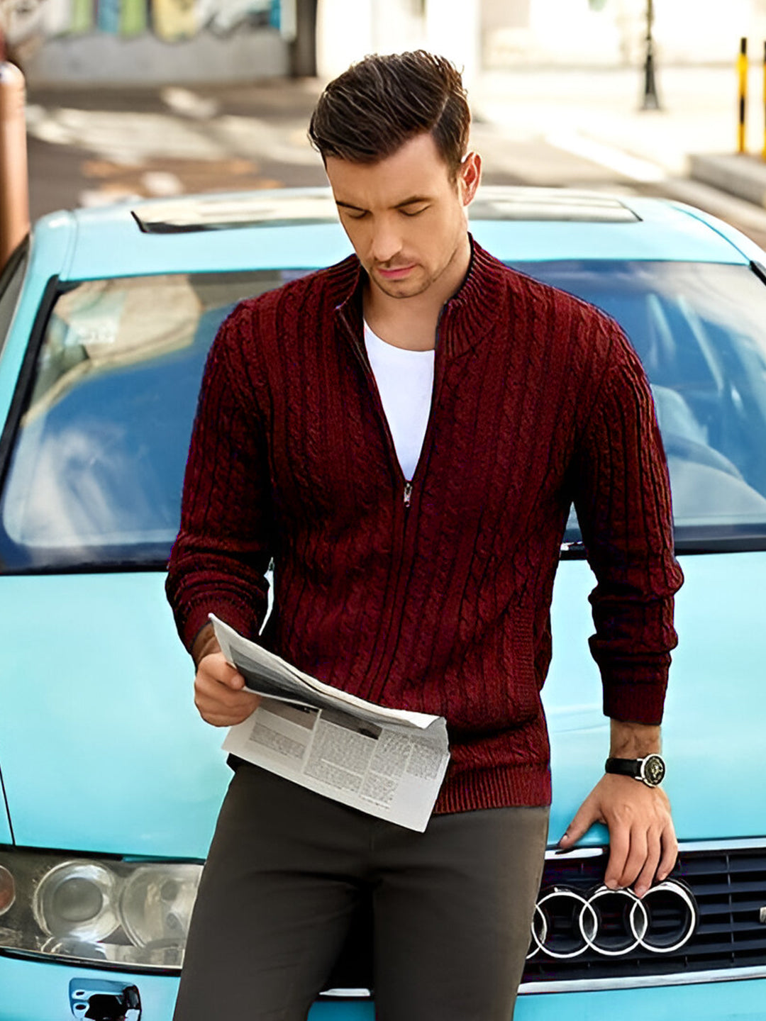 TYSORT Men's Cotton Full Sleeve High Neck Full Zipper Sweater for Men, Cable Knitted Cardigan for Men