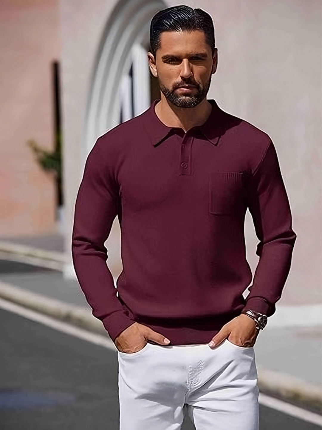 TYSORT Mens Long Sleeve Polo Sweater Knit Polo Casual Heavyweight Thermal Pullover Sweater with Pocket