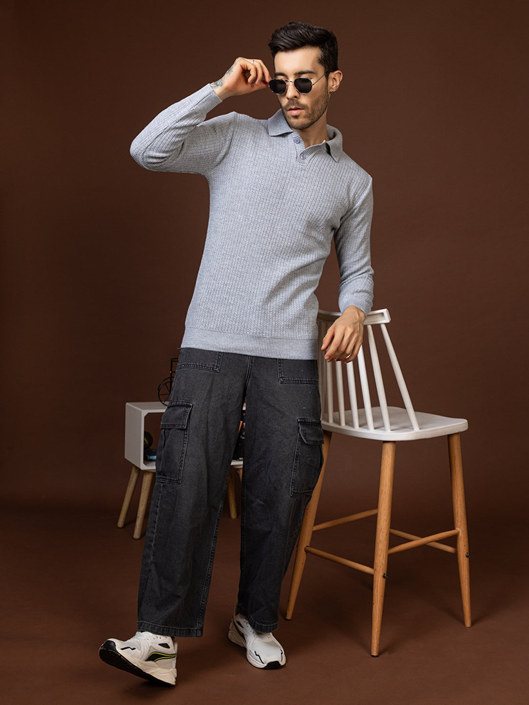 TYSORT Men’s Knitted Polo Sweater Casual Full Sleeve Pullover Sweater with Button Collar.