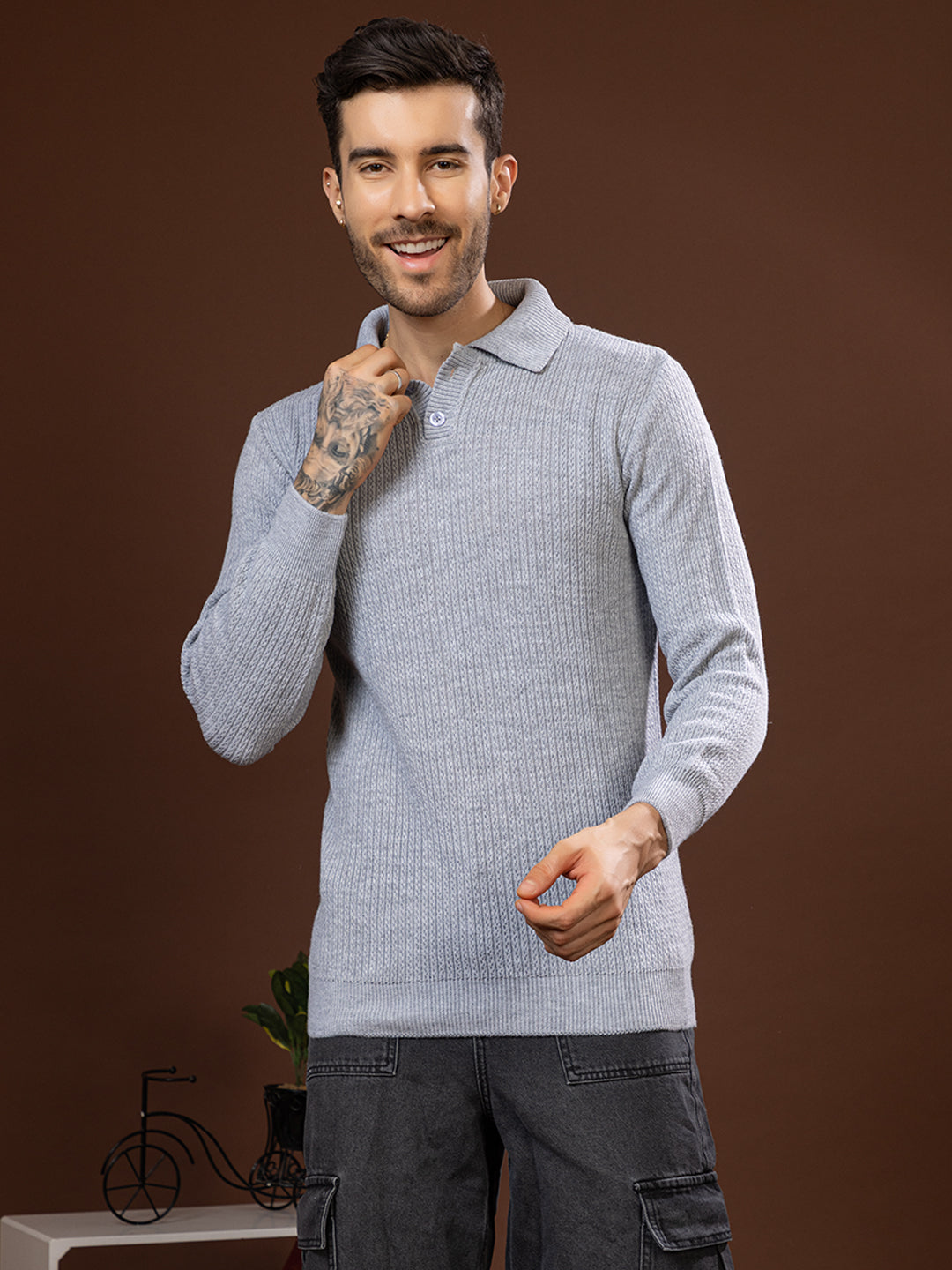 TYSORT Men’s Knitted Polo Sweater Casual Full Sleeve Pullover Sweater with Button Collar.