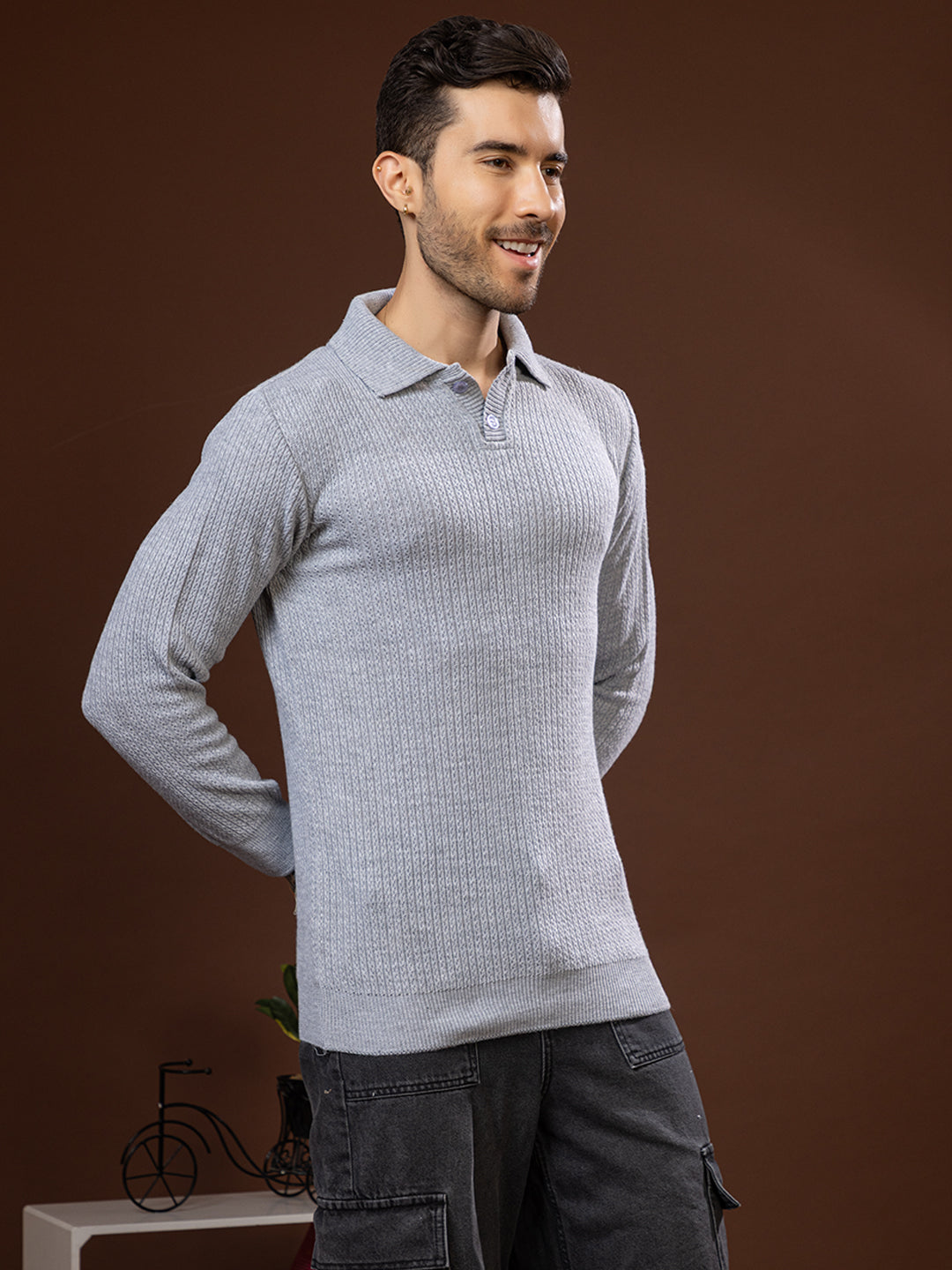 TYSORT Men’s Knitted Polo Sweater Casual Full Sleeve Pullover Sweater with Button Collar.