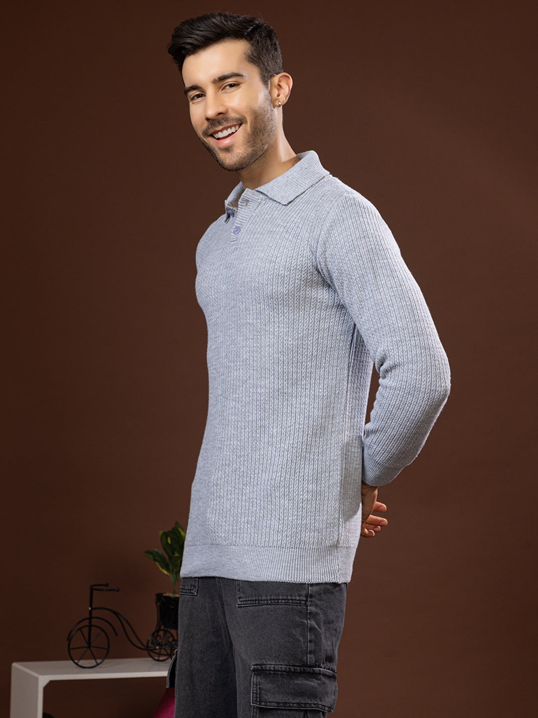 TYSORT Men’s Knitted Polo Sweater Casual Full Sleeve Pullover Sweater with Button Collar.