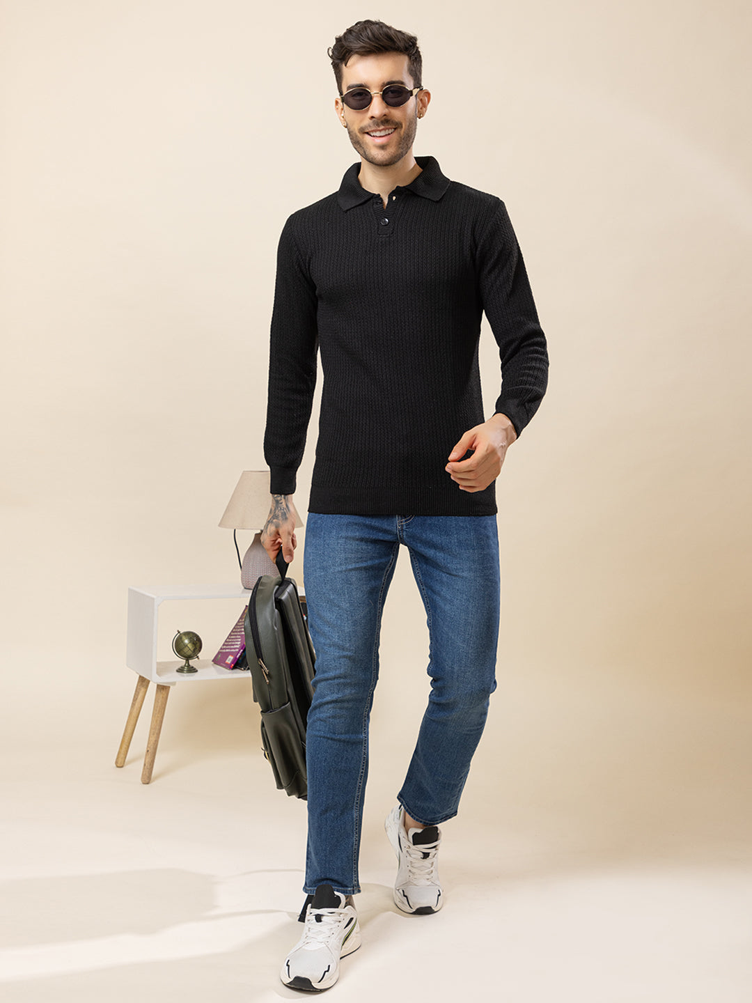 TYSORT Men’s Knitted Polo Sweater Casual Full Sleeve Pullover Sweater with Button Collar.