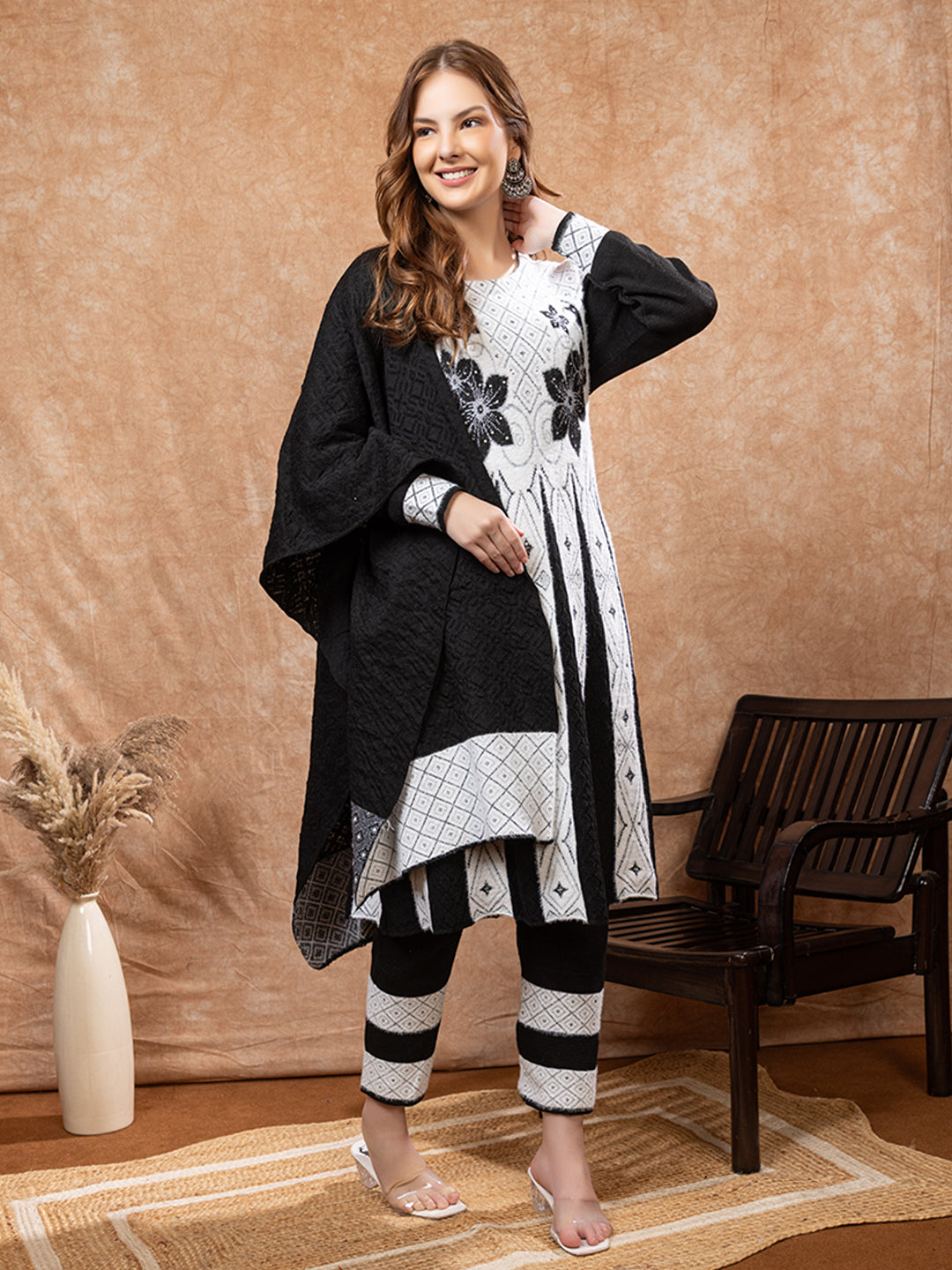 TYSORT Winter Woolen Anarkali Kurta Palazzo and Stole Set for Women