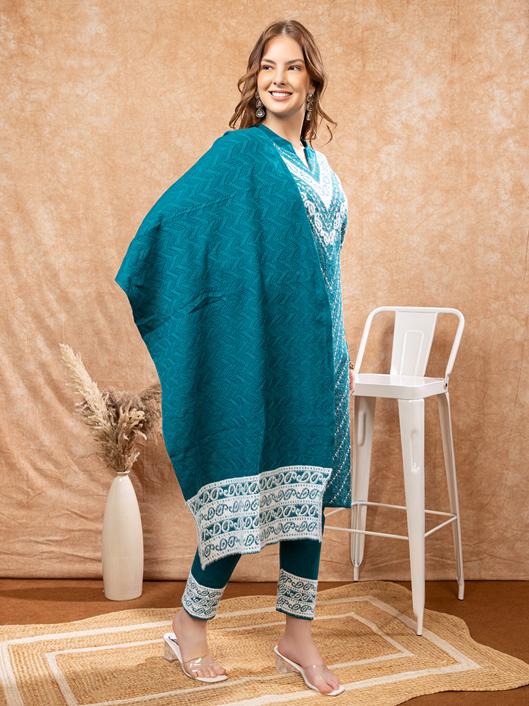 TYSORT Winter Woolen Anarkali Kurta Palazzo and Stole Set for Women