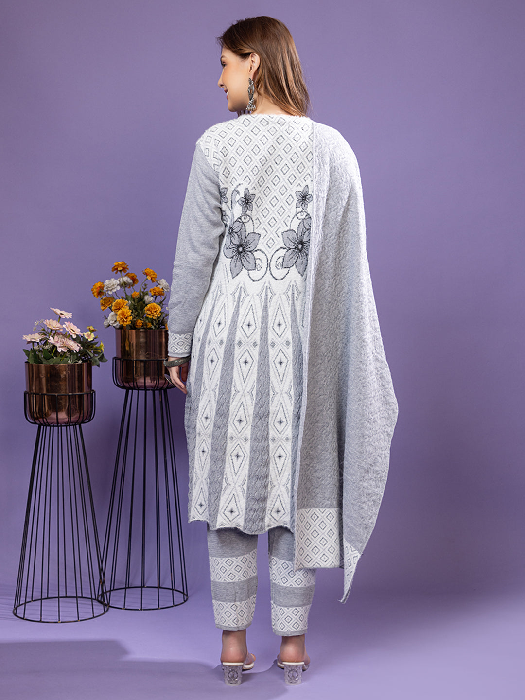TYSORT Winter Woolen Anarkali Kurta Palazzo and Stole Set for Women