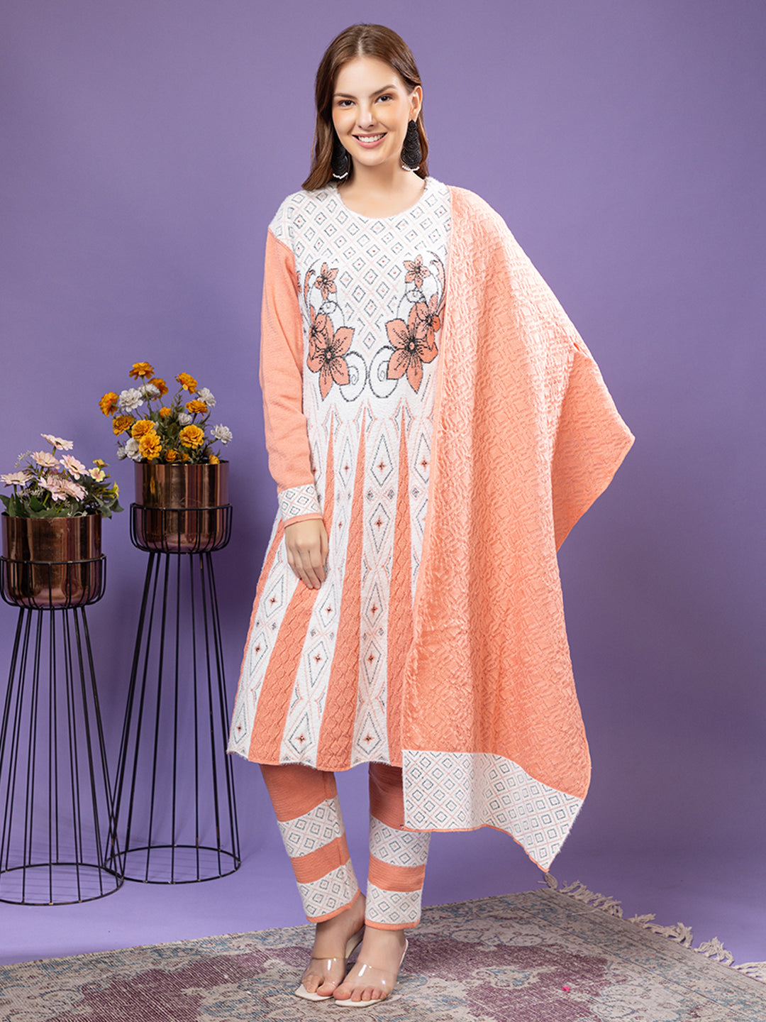 TYSORT Winter Woolen Anarkali Kurta Palazzo and Stole Set for Women