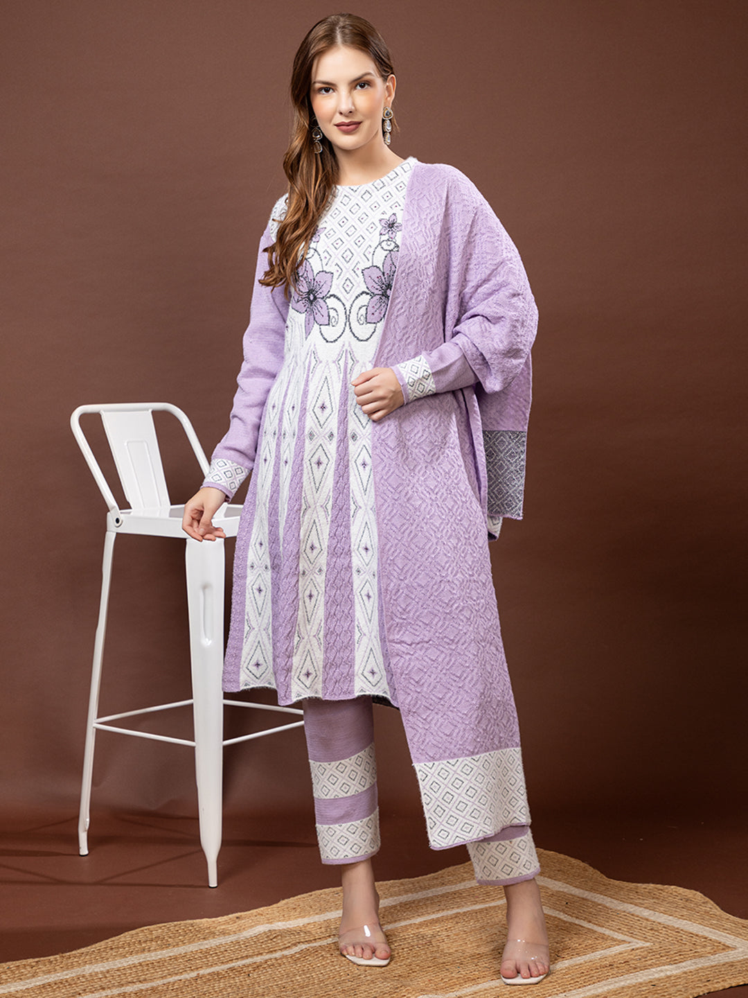 TYSORT Winter Woolen Anarkali Kurta Palazzo and Stole Set for Women