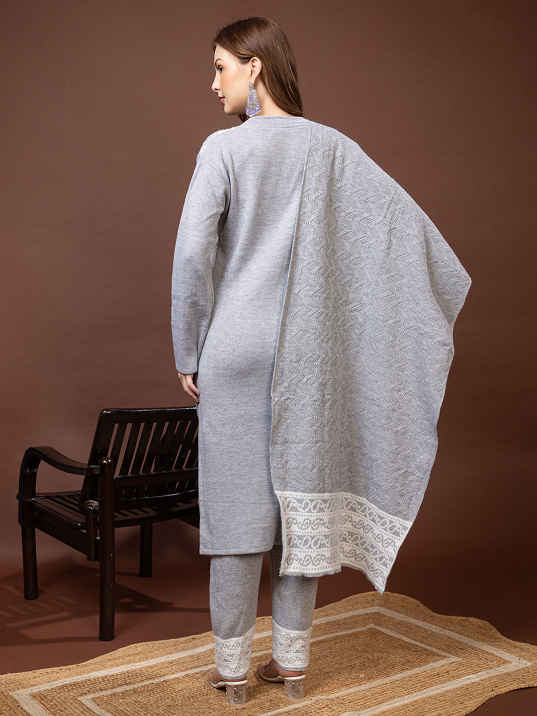 TYSORT Winter Woolen Anarkali Kurta Palazzo and Stole Set for Women