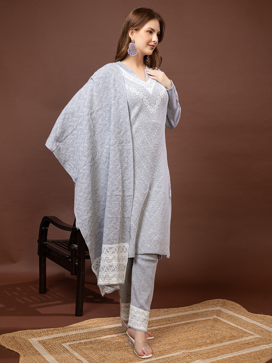 TYSORT Winter Woolen Anarkali Kurta Palazzo and Stole Set for Women