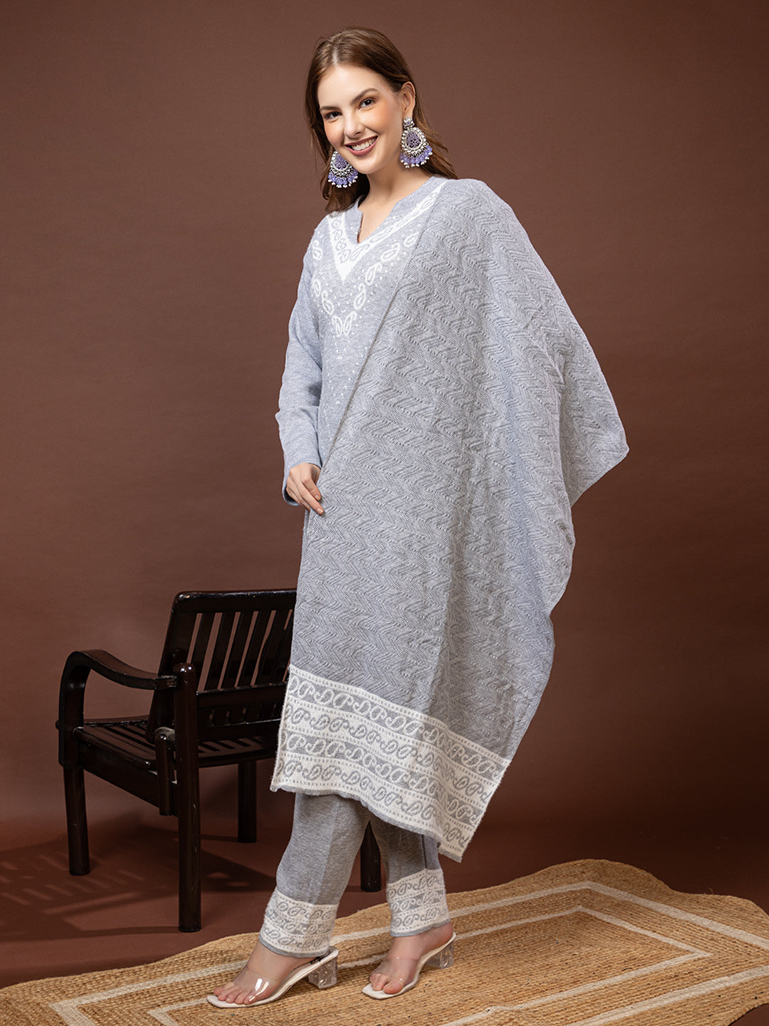 TYSORT Winter Woolen Anarkali Kurta Palazzo and Stole Set for Women