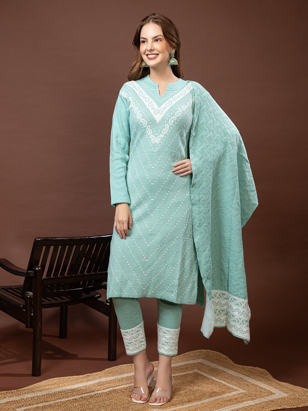 TYSORT Winter Woolen Anarkali Kurta Palazzo and Stole Set for Women