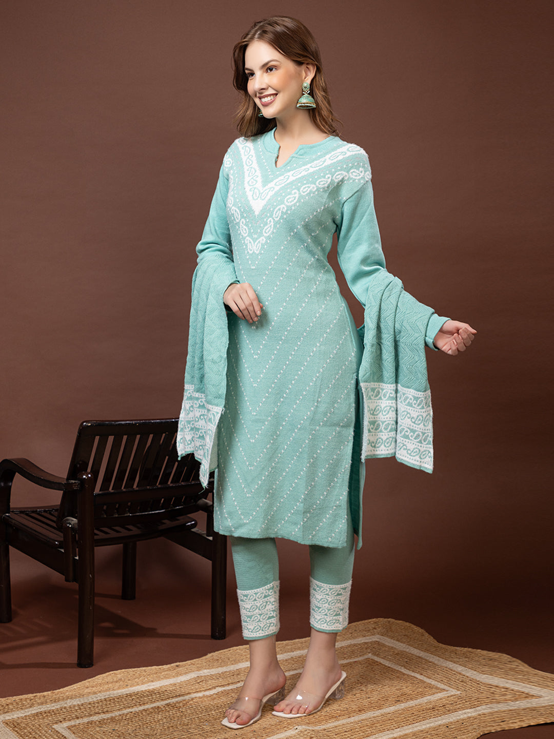 TYSORT Winter Woolen Anarkali Kurta Palazzo and Stole Set for Women