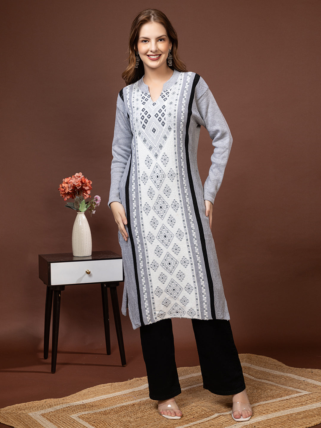 TYSORT Women’s Aline Woolen Winter Kurti | Long Sleeve Embroidered Wool Kurta Tunic Top for Women | Warm Casual Ethnic Wear