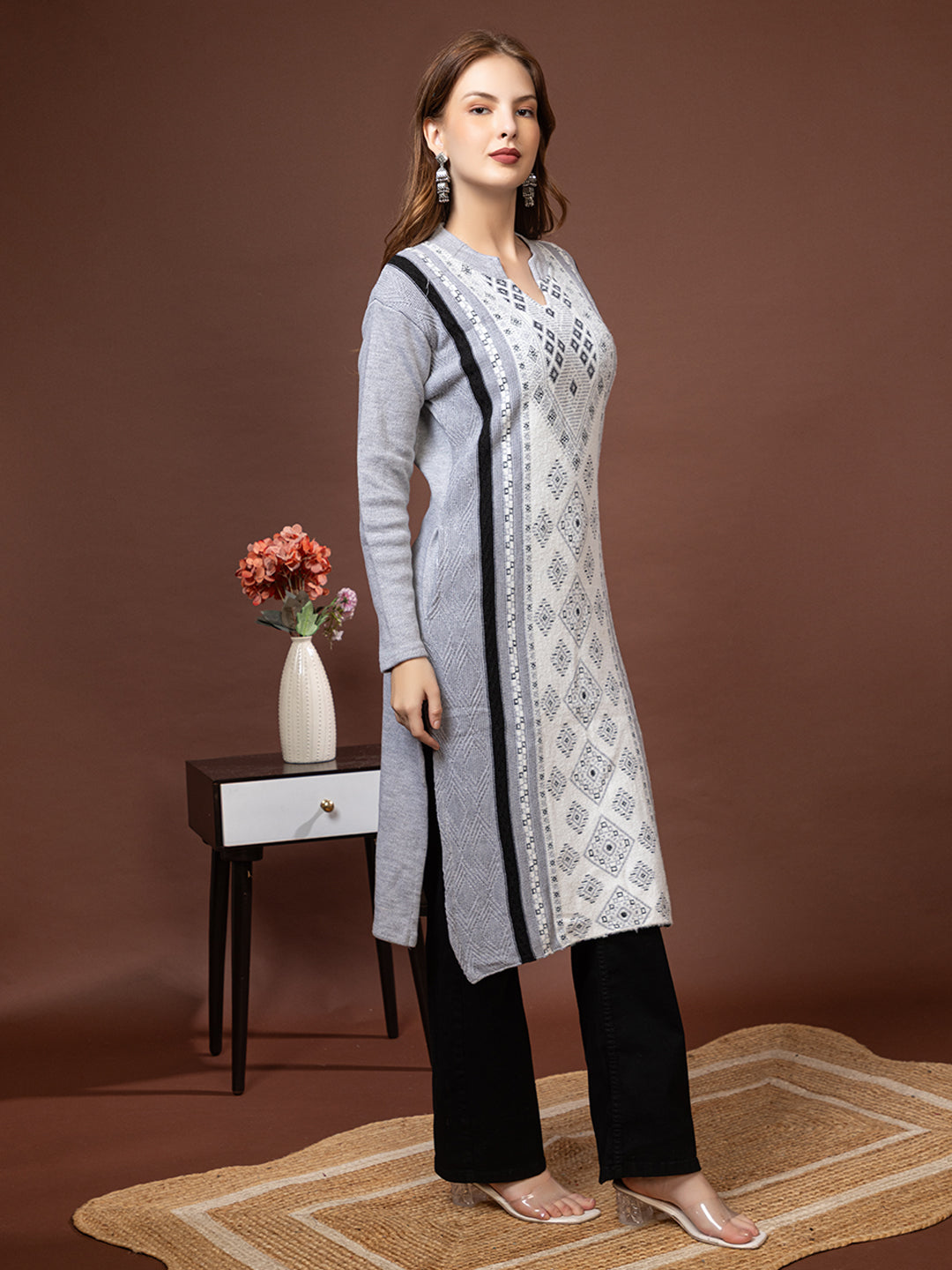 TYSORT Women’s Aline Woolen Winter Kurti | Long Sleeve Embroidered Wool Kurta Tunic Top for Women | Warm Casual Ethnic Wear