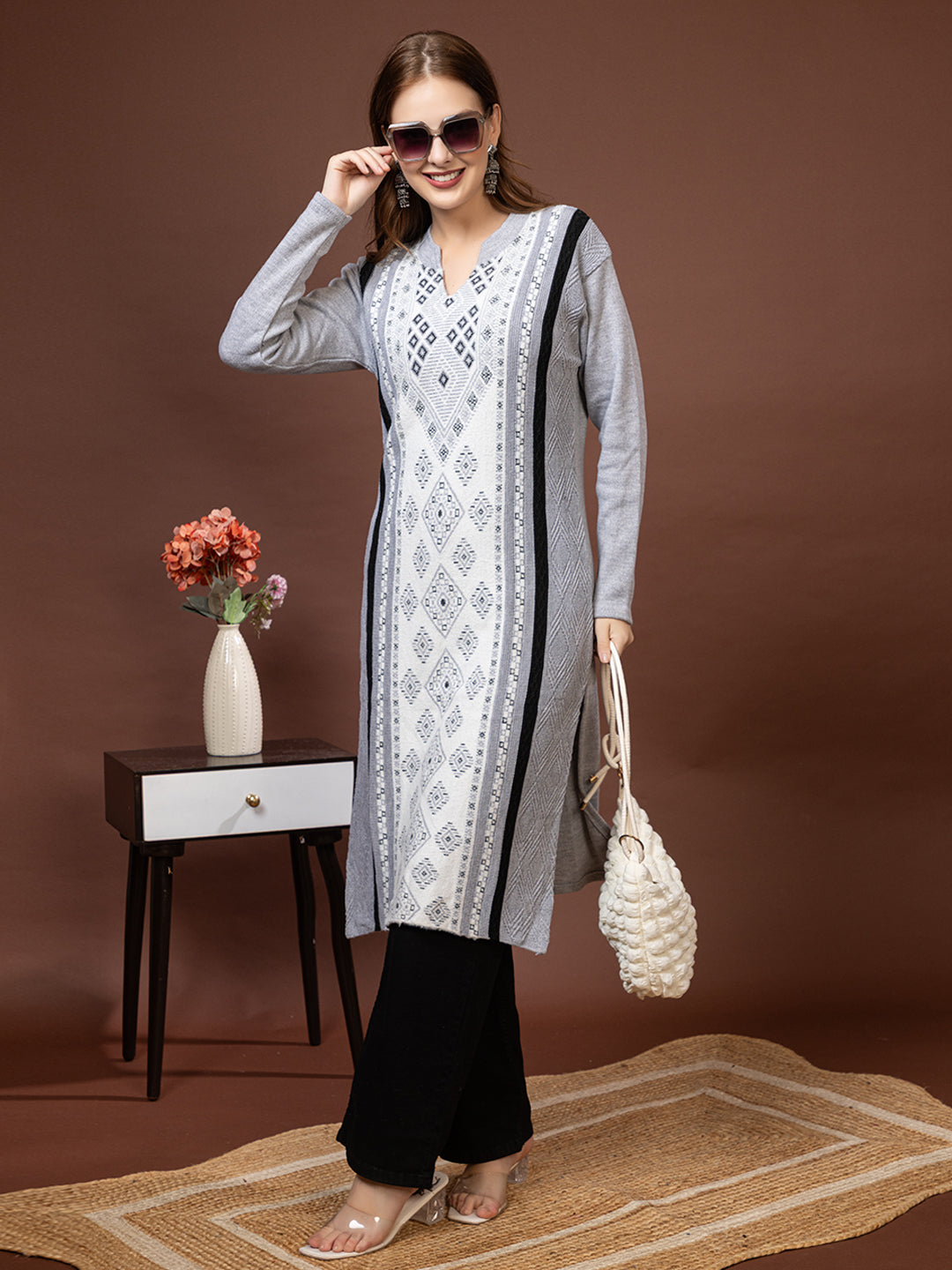 TYSORT Women’s Aline Woolen Winter Kurti | Long Sleeve Embroidered Wool Kurta Tunic Top for Women | Warm Casual Ethnic Wear