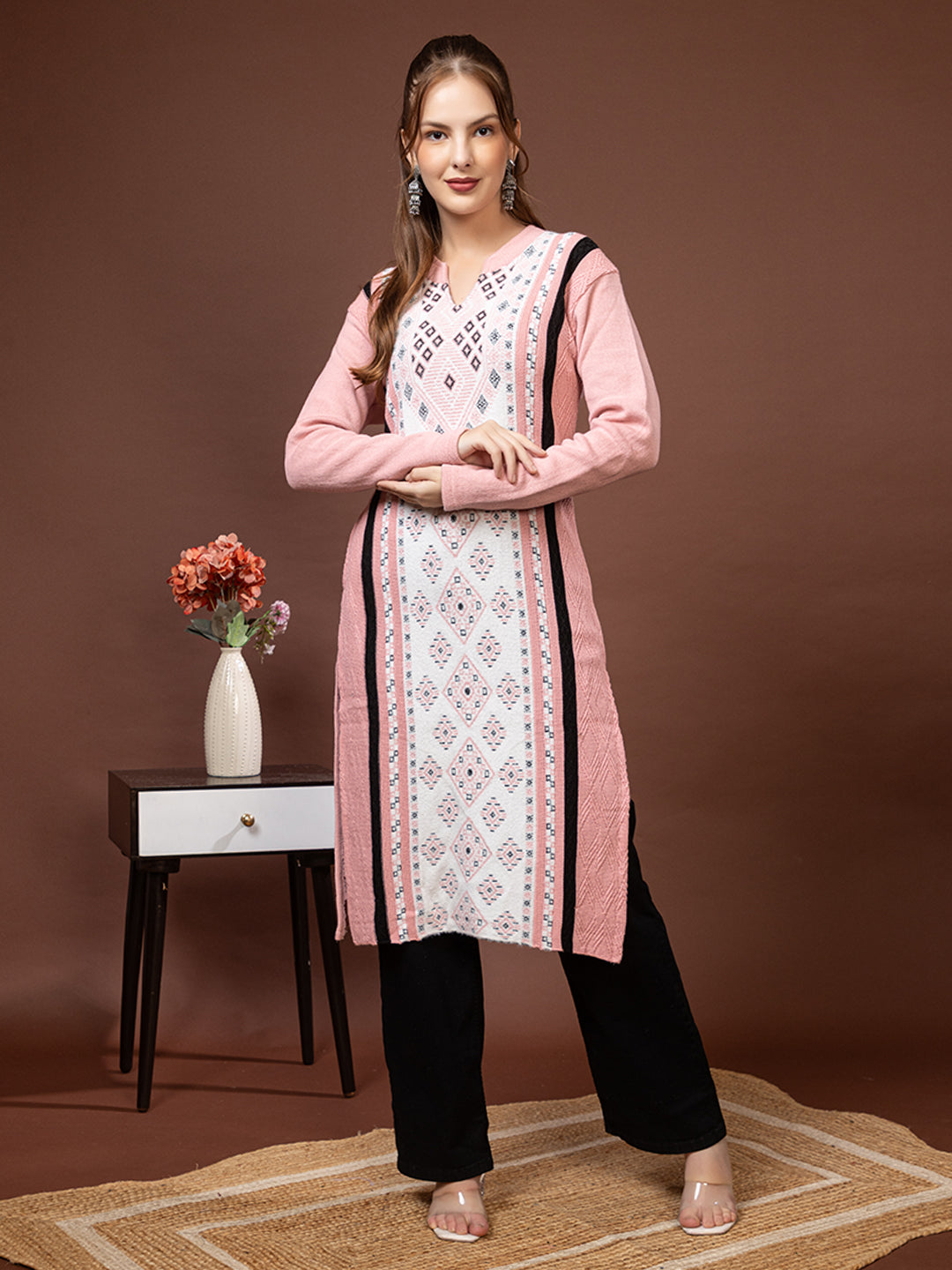 TYSORT Women’s Aline Woolen Winter Kurti | Long Sleeve Embroidered Wool Kurta Tunic Top for Women | Warm Casual Ethnic Wear