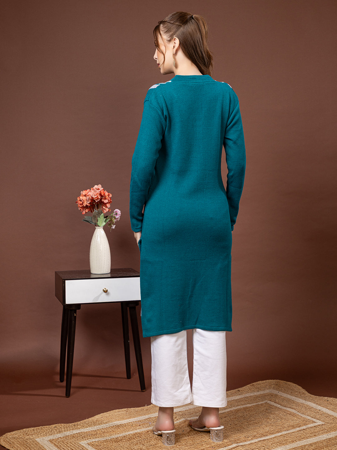TYSORT Women’s Aline Woolen Winter Kurti | Long Sleeve Embroidered Wool Kurta Tunic Top for Women | Warm Casual Ethnic Wear