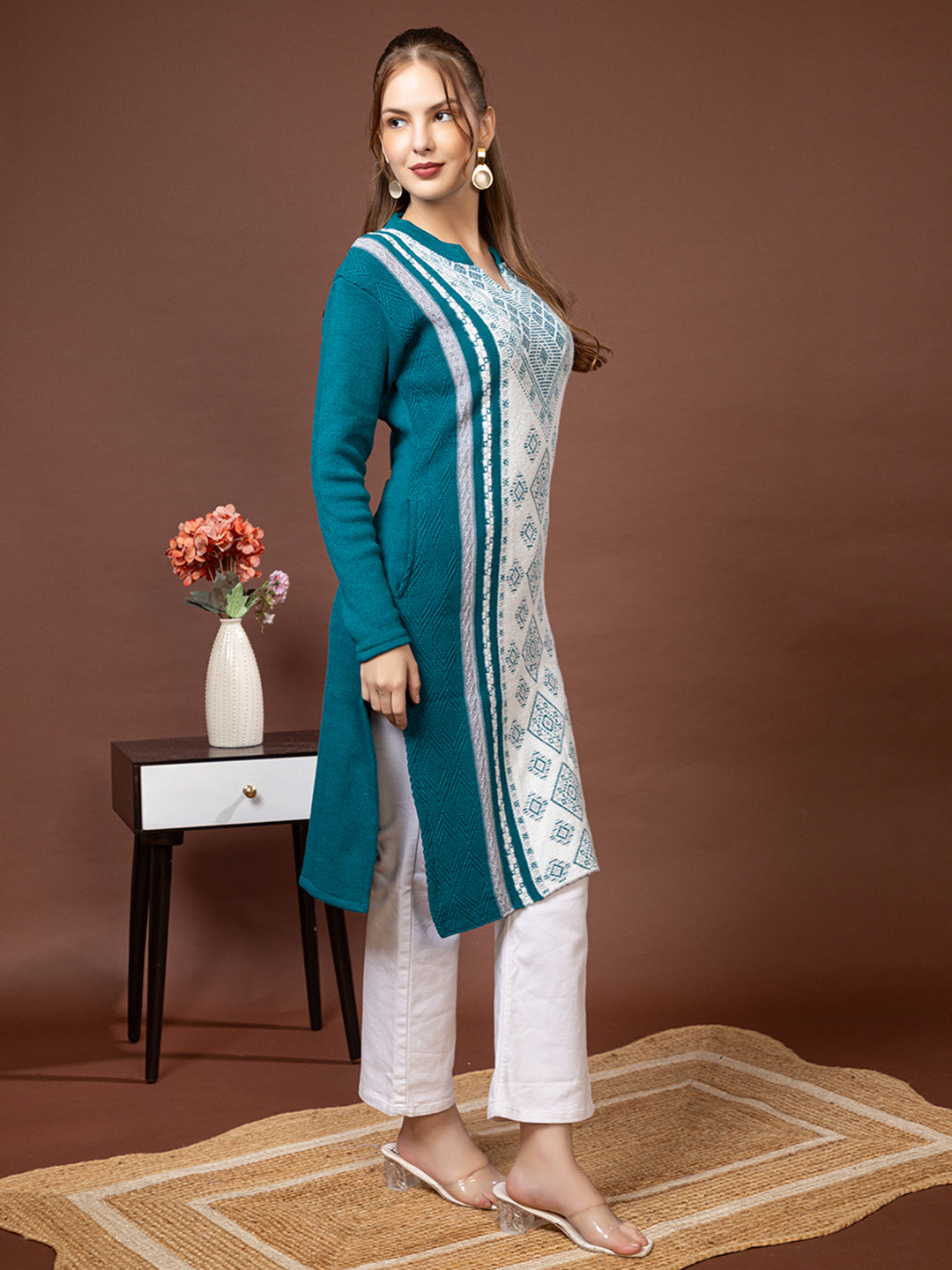 TYSORT Women’s Aline Woolen Winter Kurti | Long Sleeve Embroidered Wool Kurta Tunic Top for Women | Warm Casual Ethnic Wear