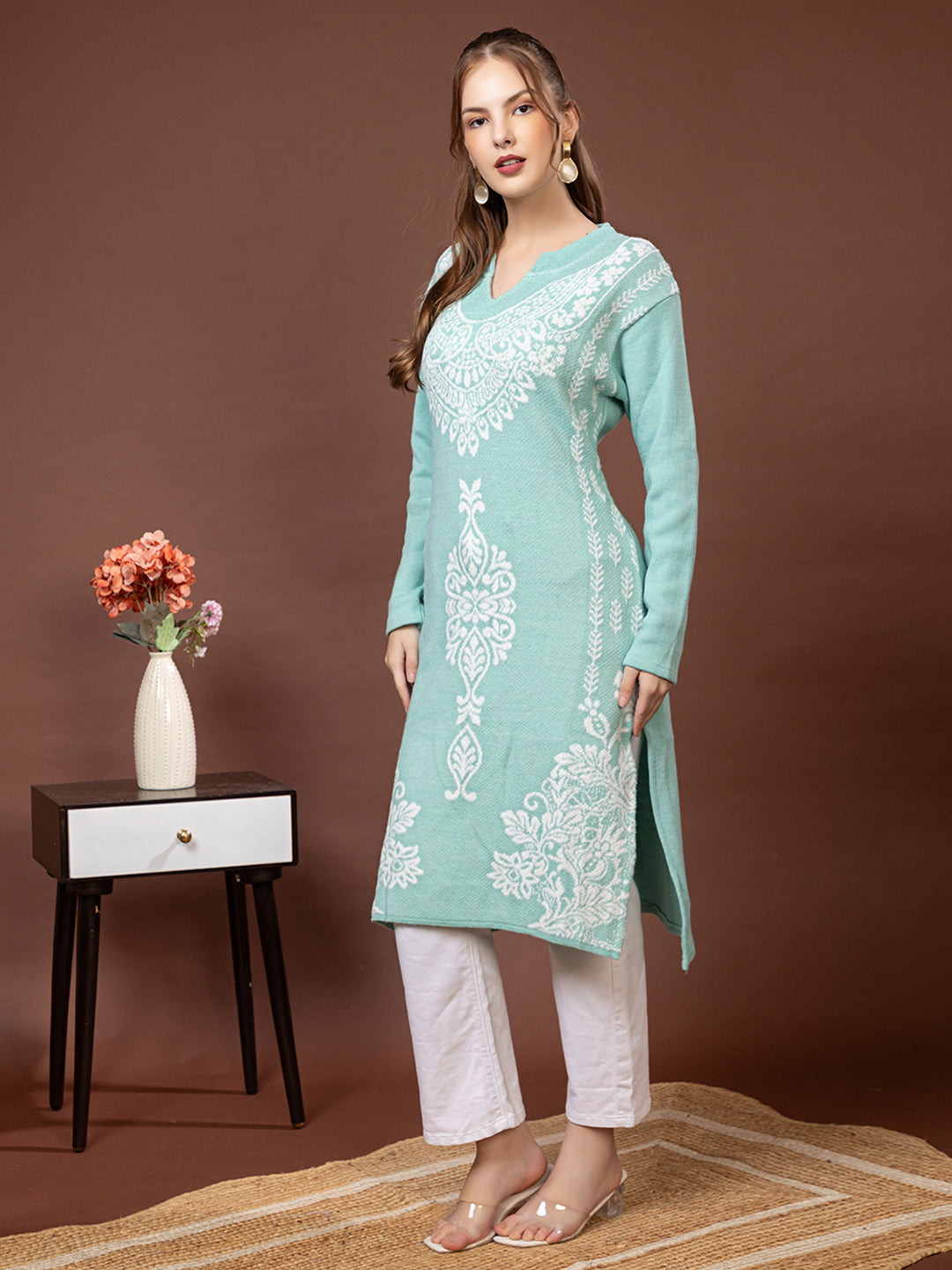TYSORT Women’s Aline Woolen Winter Kurti | Long Sleeve Embroidered Wool Kurta Tunic Top for Women | Warm Casual Ethnic Wear