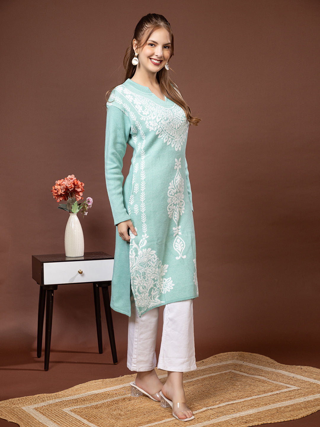 TYSORT Women’s Aline Woolen Winter Kurti | Long Sleeve Embroidered Wool Kurta Tunic Top for Women | Warm Casual Ethnic Wear