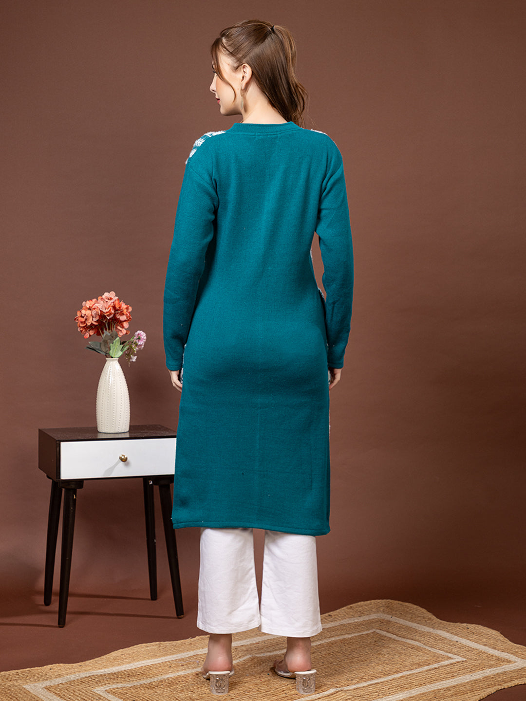 TYSORT Women’s Aline Woolen Winter Kurti | Long Sleeve Embroidered Wool Kurta Tunic Top for Women | Warm Casual Ethnic Wear
