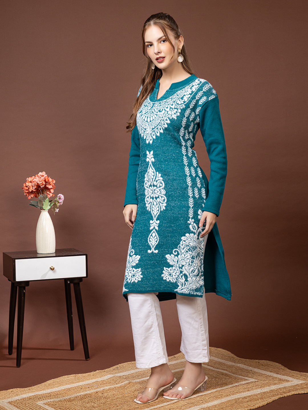 TYSORT Women’s Aline Woolen Winter Kurti | Long Sleeve Embroidered Wool Kurta Tunic Top for Women | Warm Casual Ethnic Wear