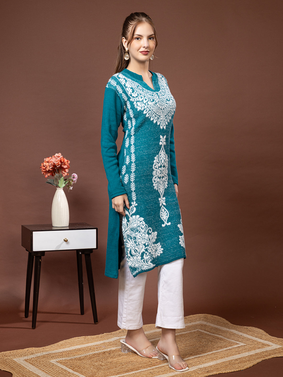 TYSORT Women’s Aline Woolen Winter Kurti | Long Sleeve Embroidered Wool Kurta Tunic Top for Women | Warm Casual Ethnic Wear