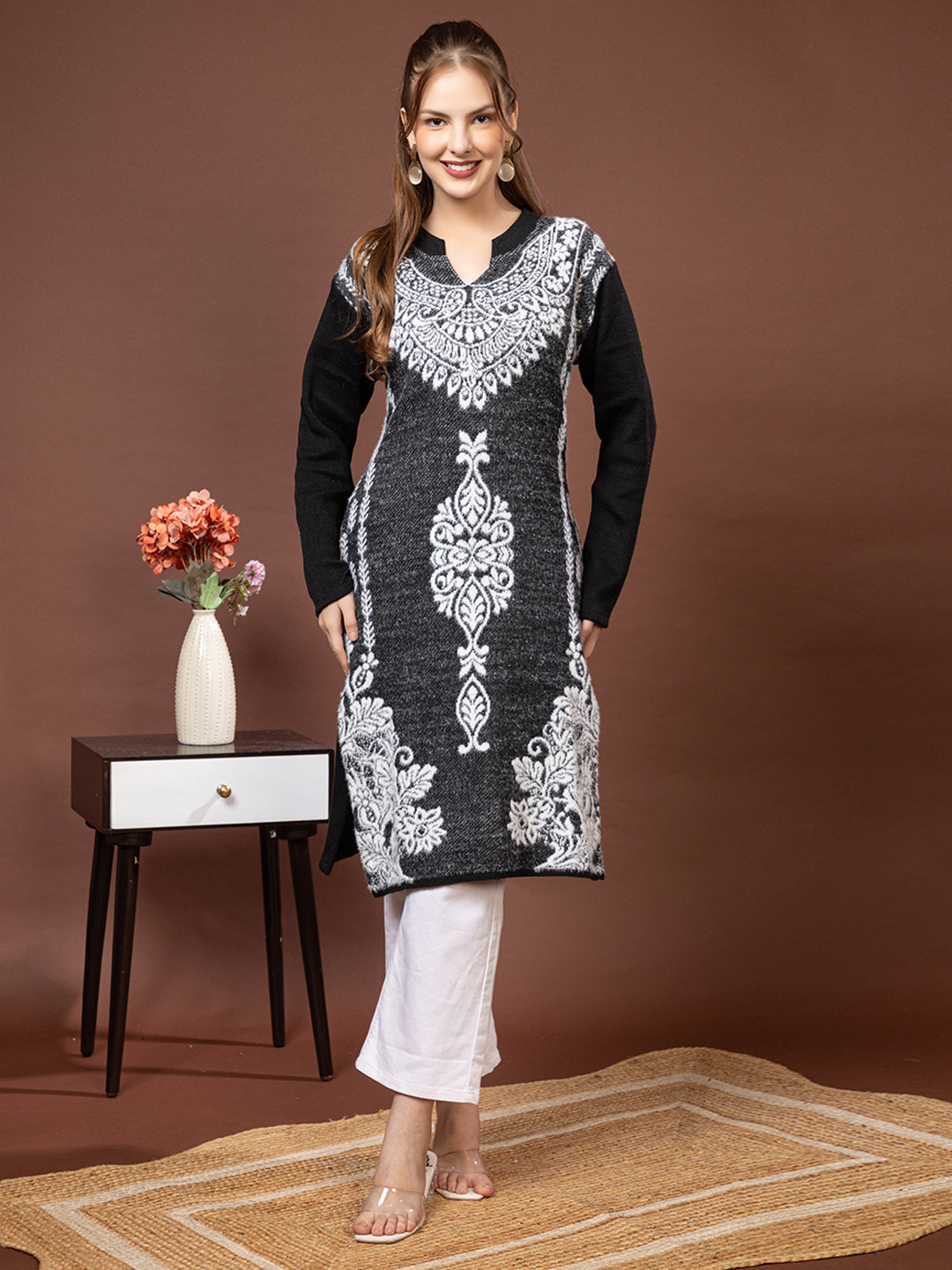 TYSORT Women’s Aline Woolen Winter Kurti | Long Sleeve Embroidered Wool Kurta Tunic Top for Women | Warm Casual Ethnic Wear