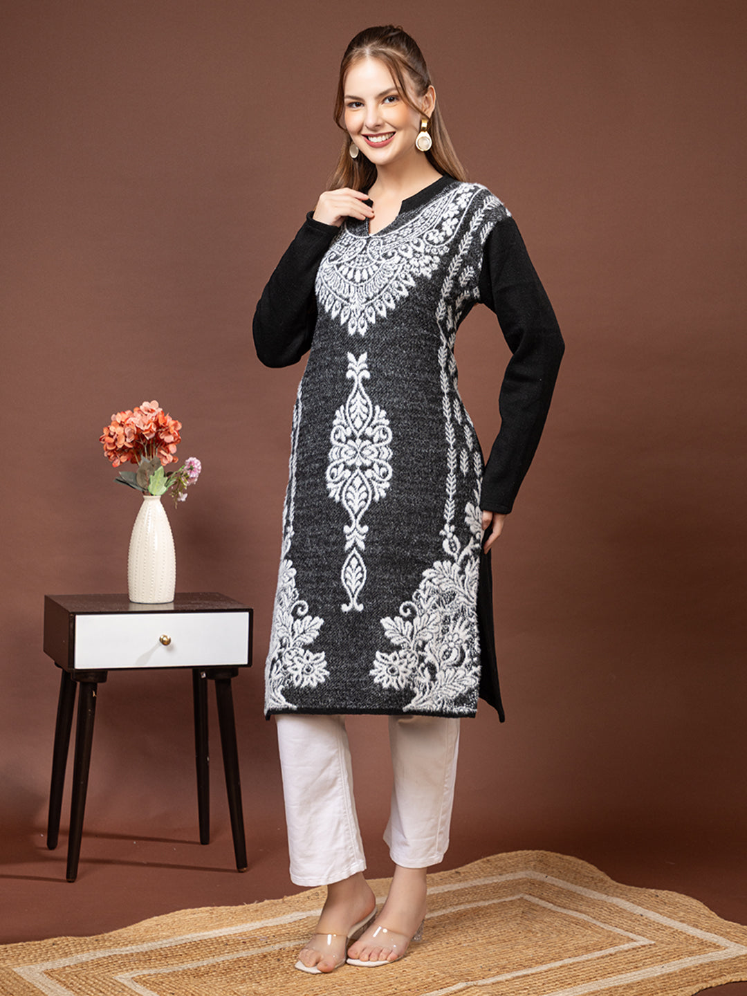 TYSORT Women’s Aline Woolen Winter Kurti | Long Sleeve Embroidered Wool Kurta Tunic Top for Women | Warm Casual Ethnic Wear