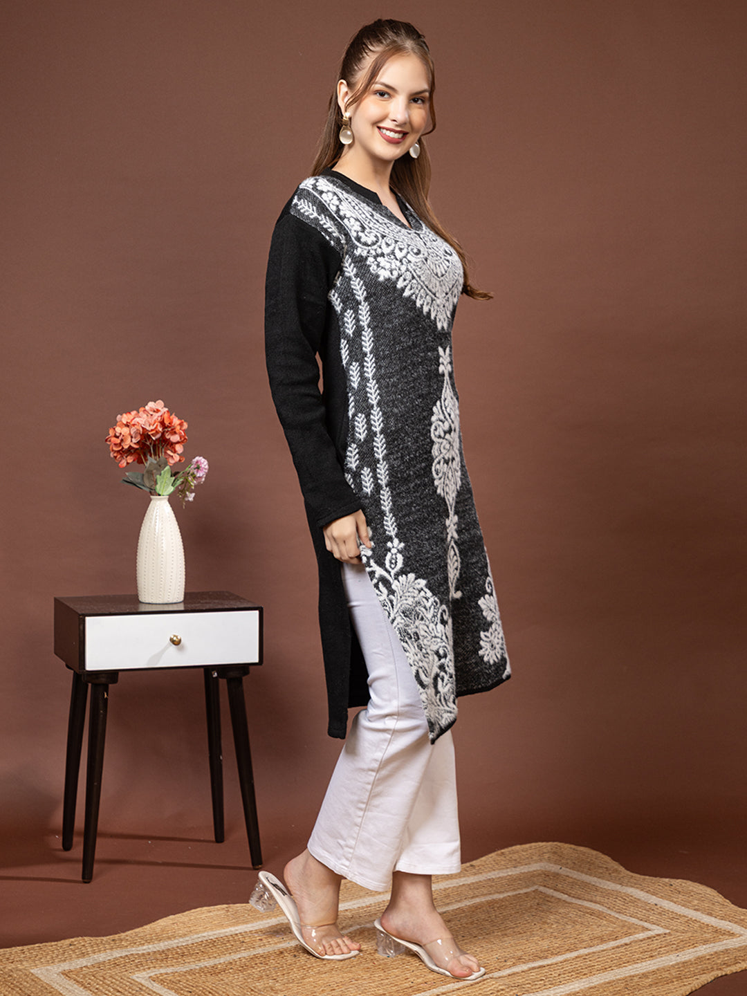 TYSORT Women’s Aline Woolen Winter Kurti | Long Sleeve Embroidered Wool Kurta Tunic Top for Women | Warm Casual Ethnic Wear