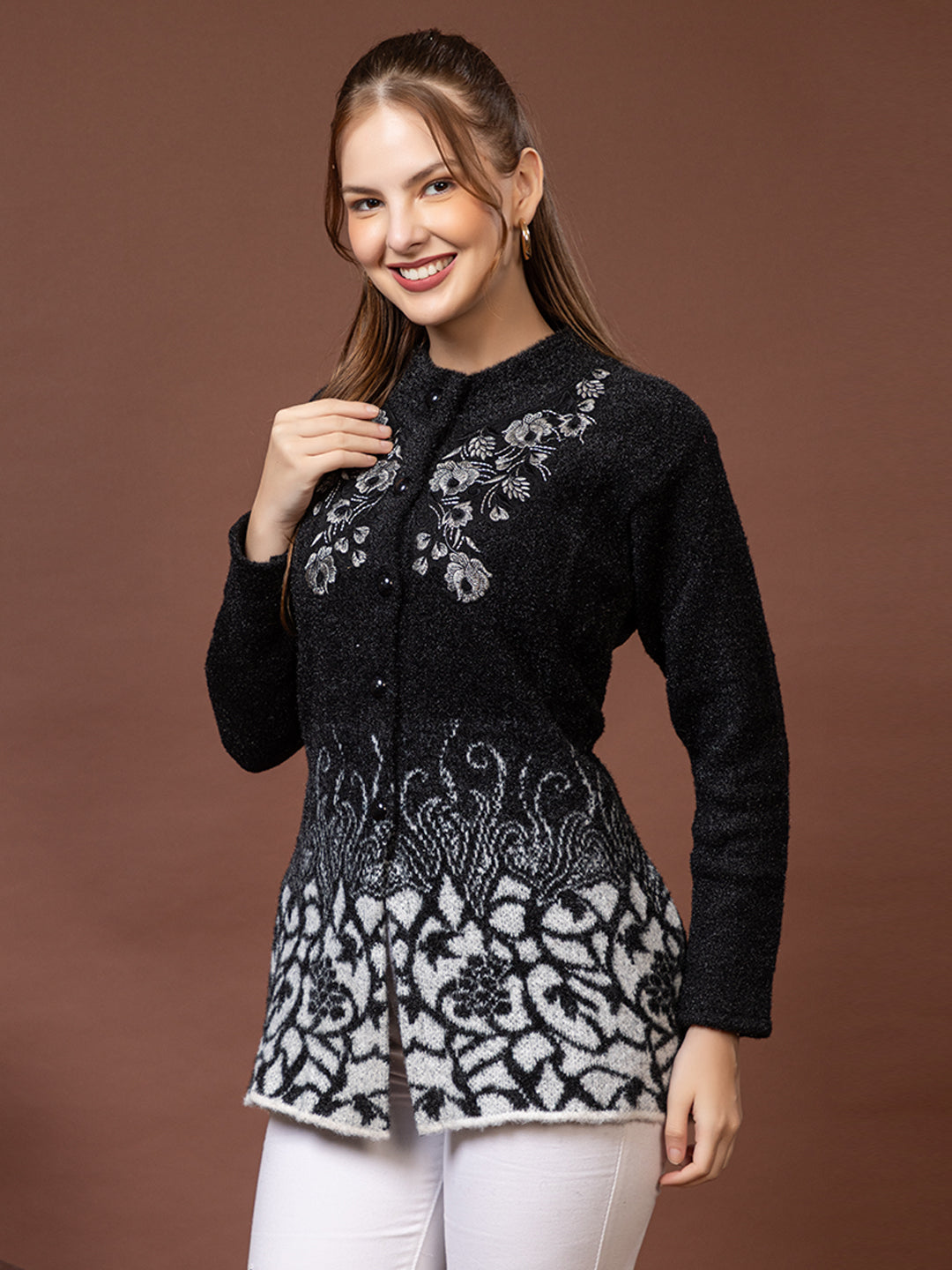 TYSORT Women’s Woolen Round Neck Button Cardigan | Winter Warm Knitted Sweater for Women