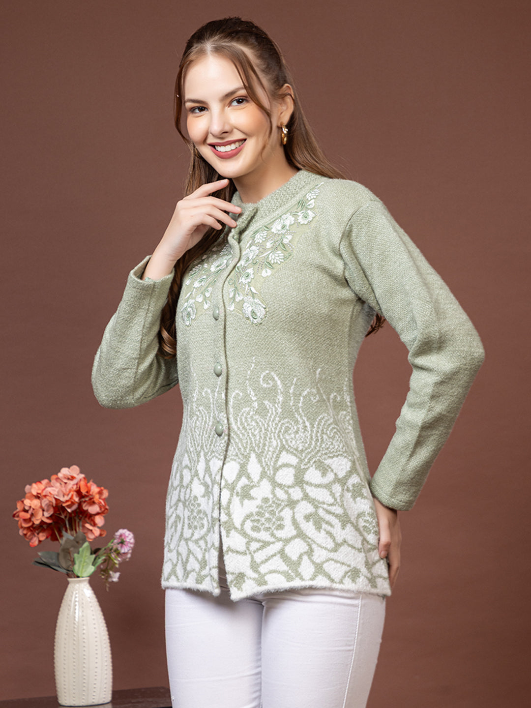 TYSORT Women’s Woolen Round Neck Button Cardigan | Winter Warm Knitted Sweater for Women