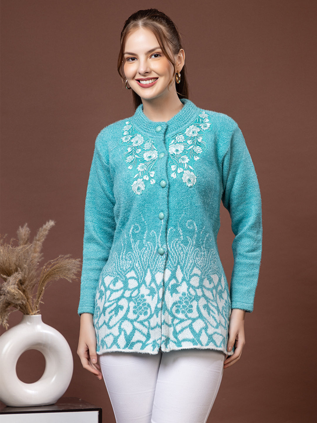TYSORT Women’s Woolen Round Neck Button Cardigan | Winter Warm Knitted Sweater for Women