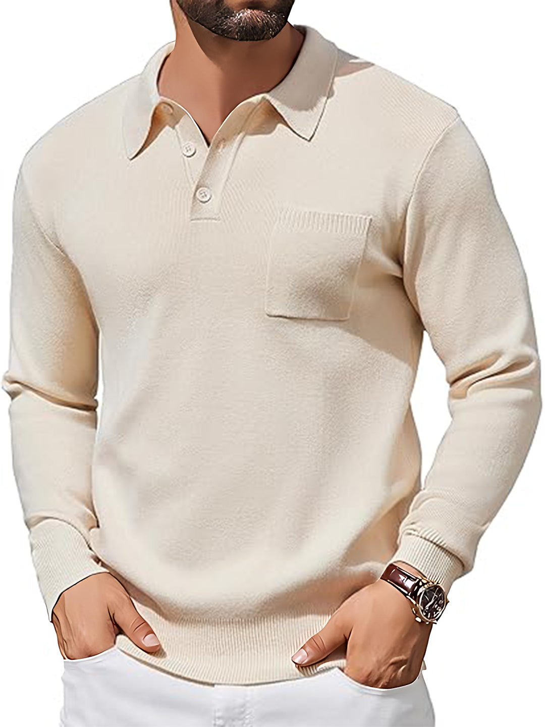 TYSORT Mens Long Sleeve Polo Sweater Knit Polo Casual Heavyweight Thermal Pullover Sweater with Pocket
