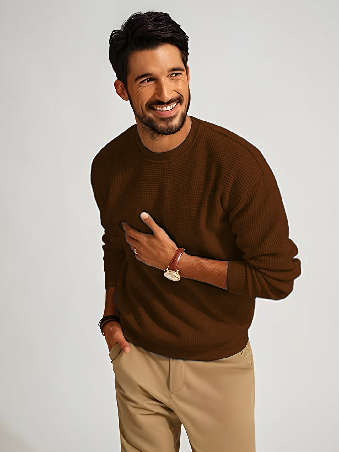 TYSORT Men's Waffle Knit Round Neck Full Sleeve Sweaters Crew Neck Sweater