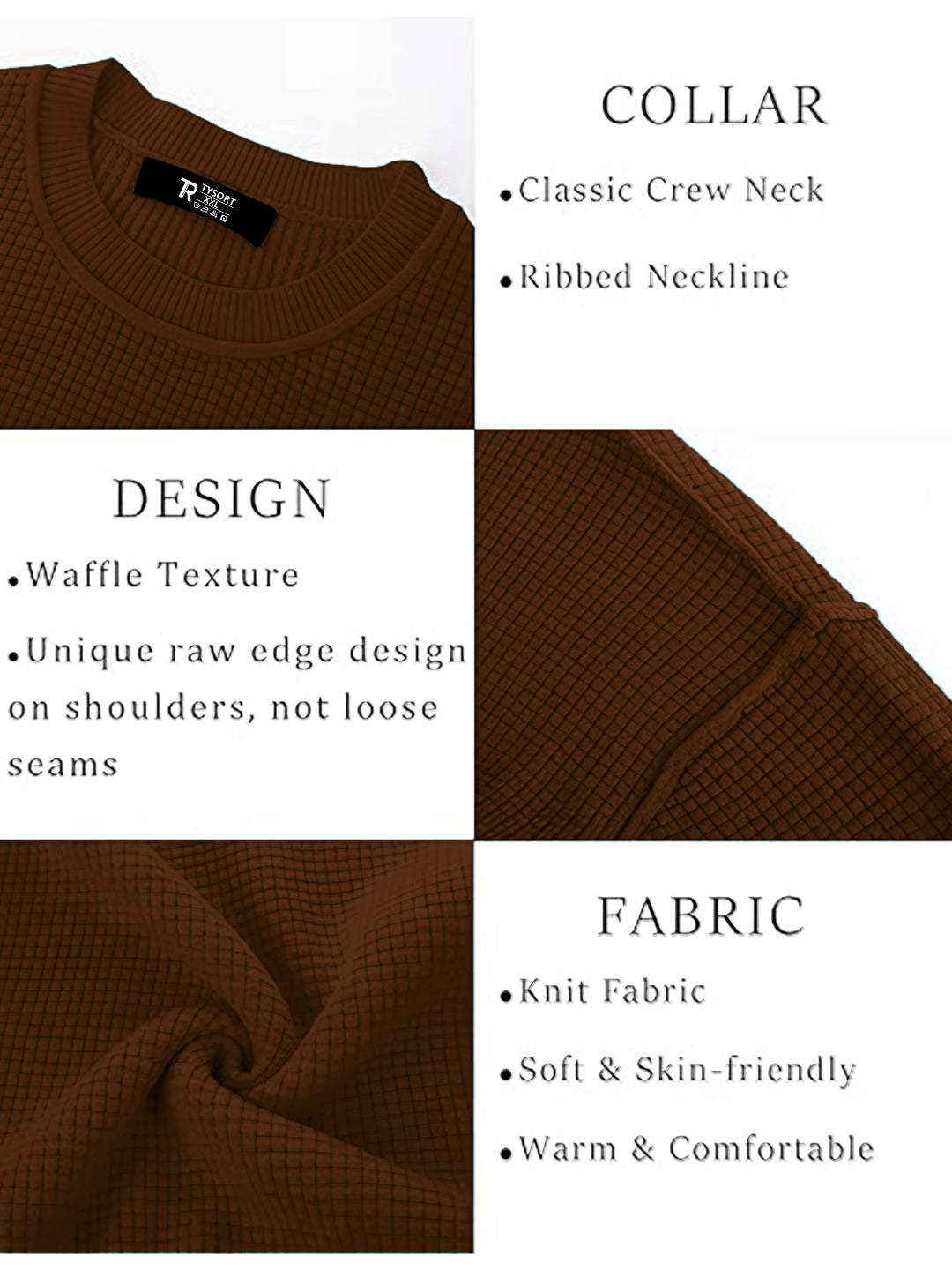 TYSORT Men's Waffle Knit Round Neck Full Sleeve Sweaters Crew Neck Sweater