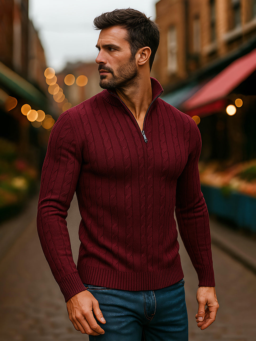 TYSORT Men's Cotton Full Sleeve High Neck Half  Zipper Sweater for Men, Cable Knitted Cardigan for Men
